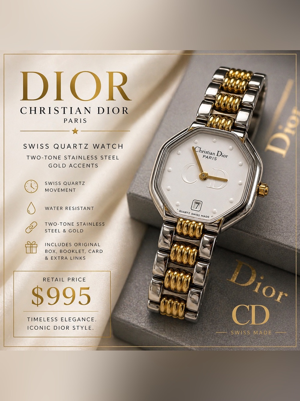 Christian Dior Paris Two-Tone Swiss Quartz Watch with Box Papers Extra Links